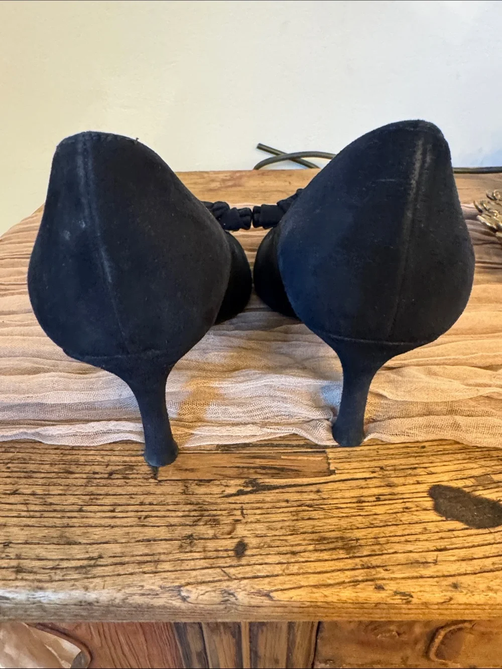 Stuart Weitzman Navy Suede Pumps with Rosette Accent open toe